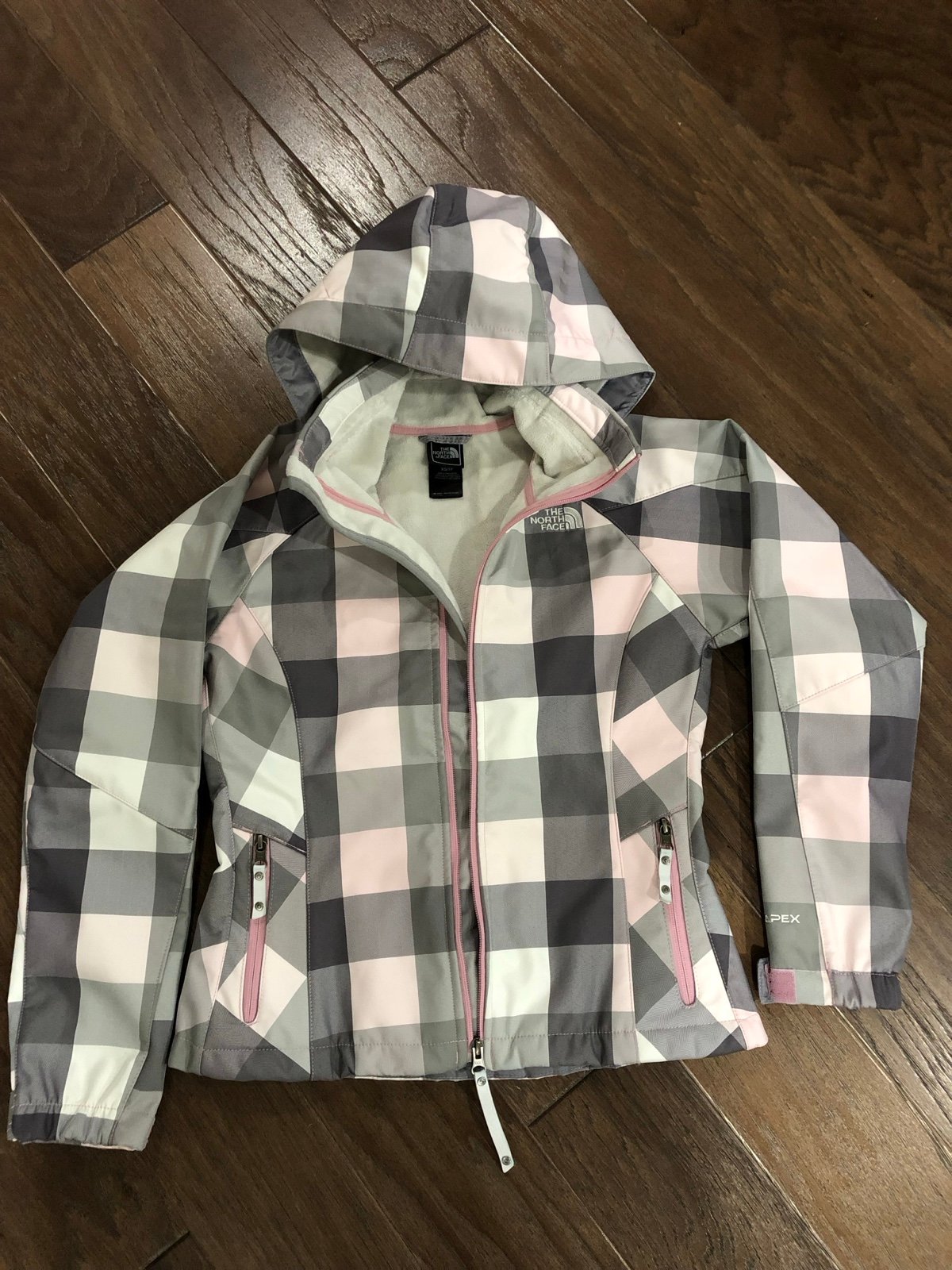 North Face Womens Medium Pink Gray Plaid Ski Shell Jacket Hooded Fleece Lined