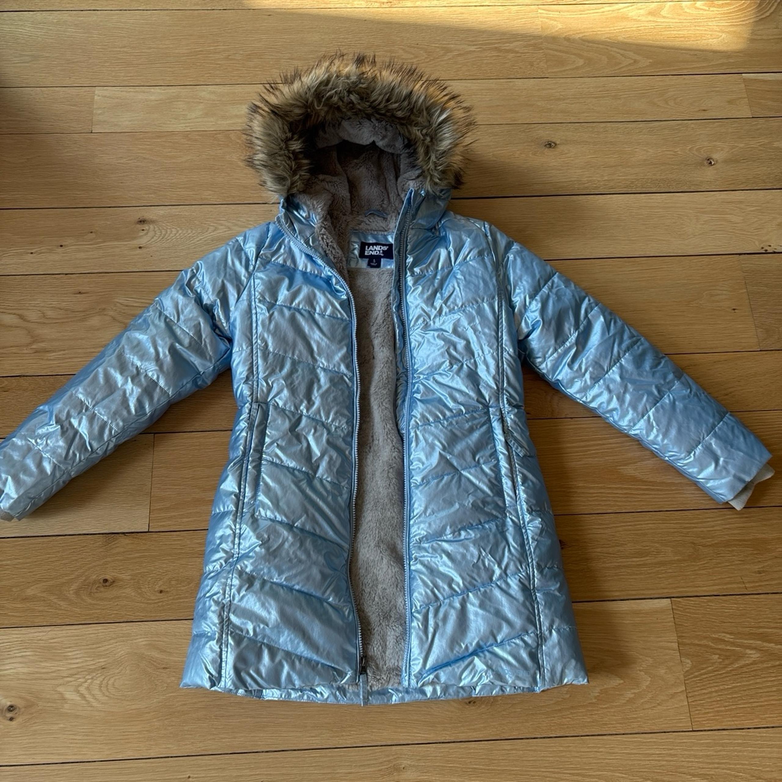 Lands End Light Blue Metallic Fleece Lined Girls Parka Size L (14)