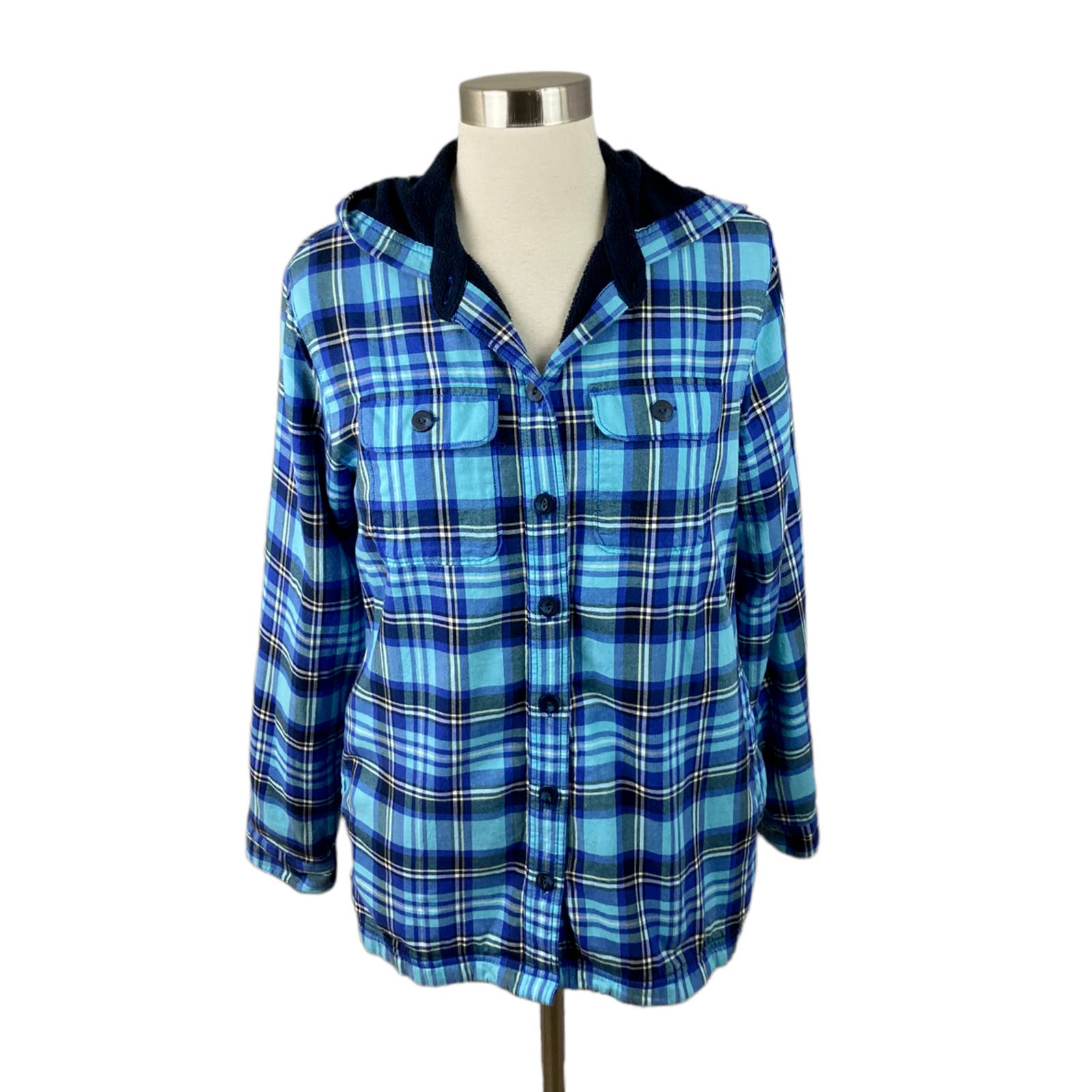 L.L. Bean XS Blue Plaid Flannel Fleece Lined Button Hooded Shacket w/ Pockets