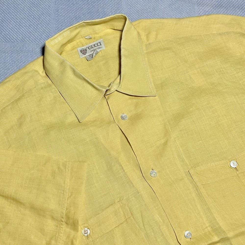 Vintage 70s 80s Gucci Yellow Linen Button Up Short Sleeve Shirt Men's Sz 17.5-44