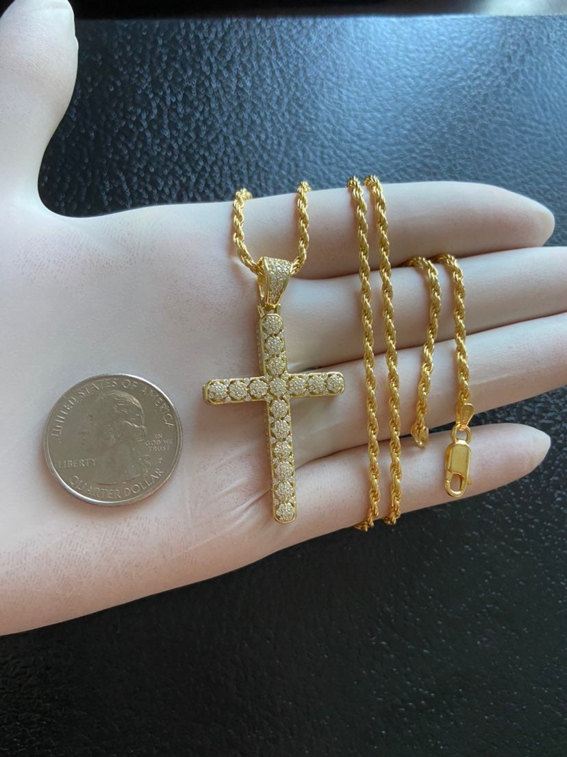 14k gold/925 diamond cross rope chain