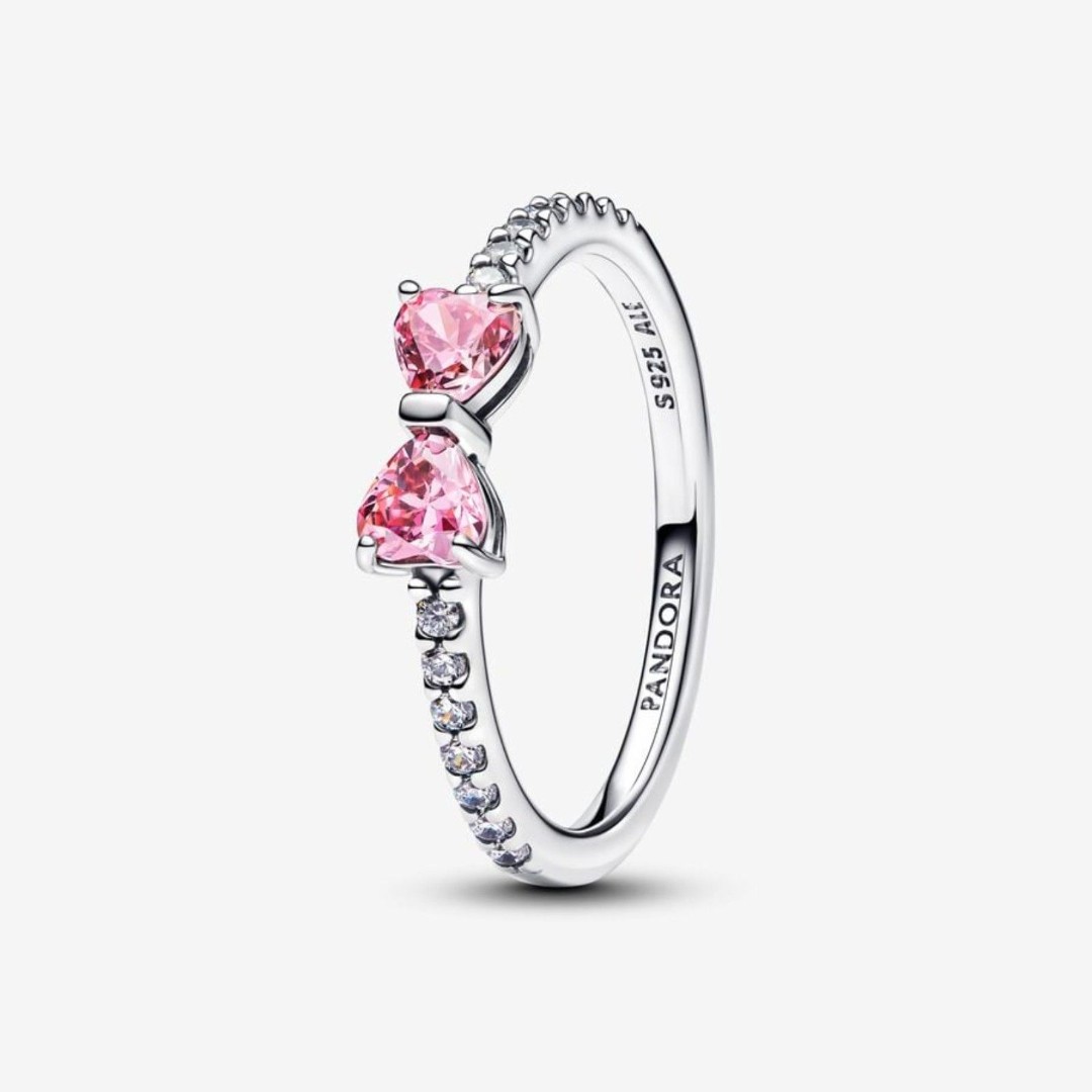Sparkling Pink Bow Ring – Two Prong Set Heart-Cut Fancy Pink Cubic Zirconia S925