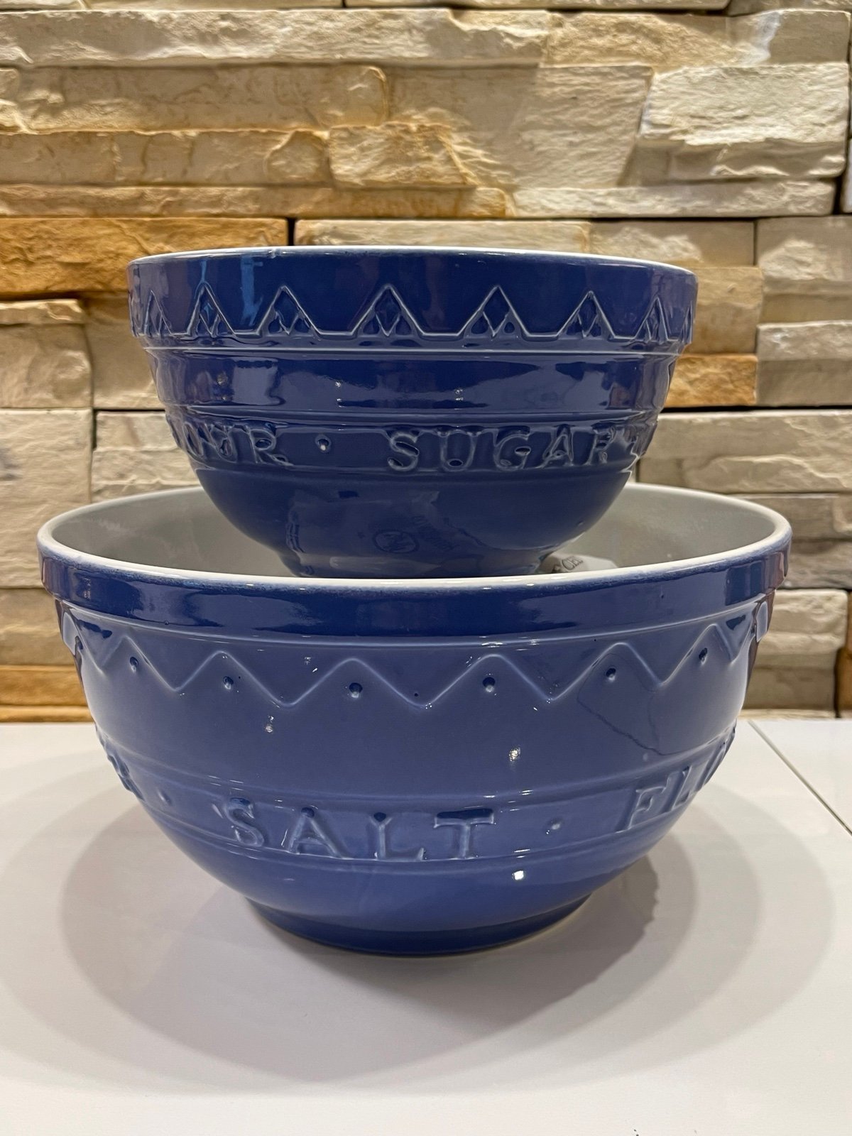 Boston Warehouse 2 Piece Nesting Mixing Bowls Blue Inscribed Sugar Eggs Flour