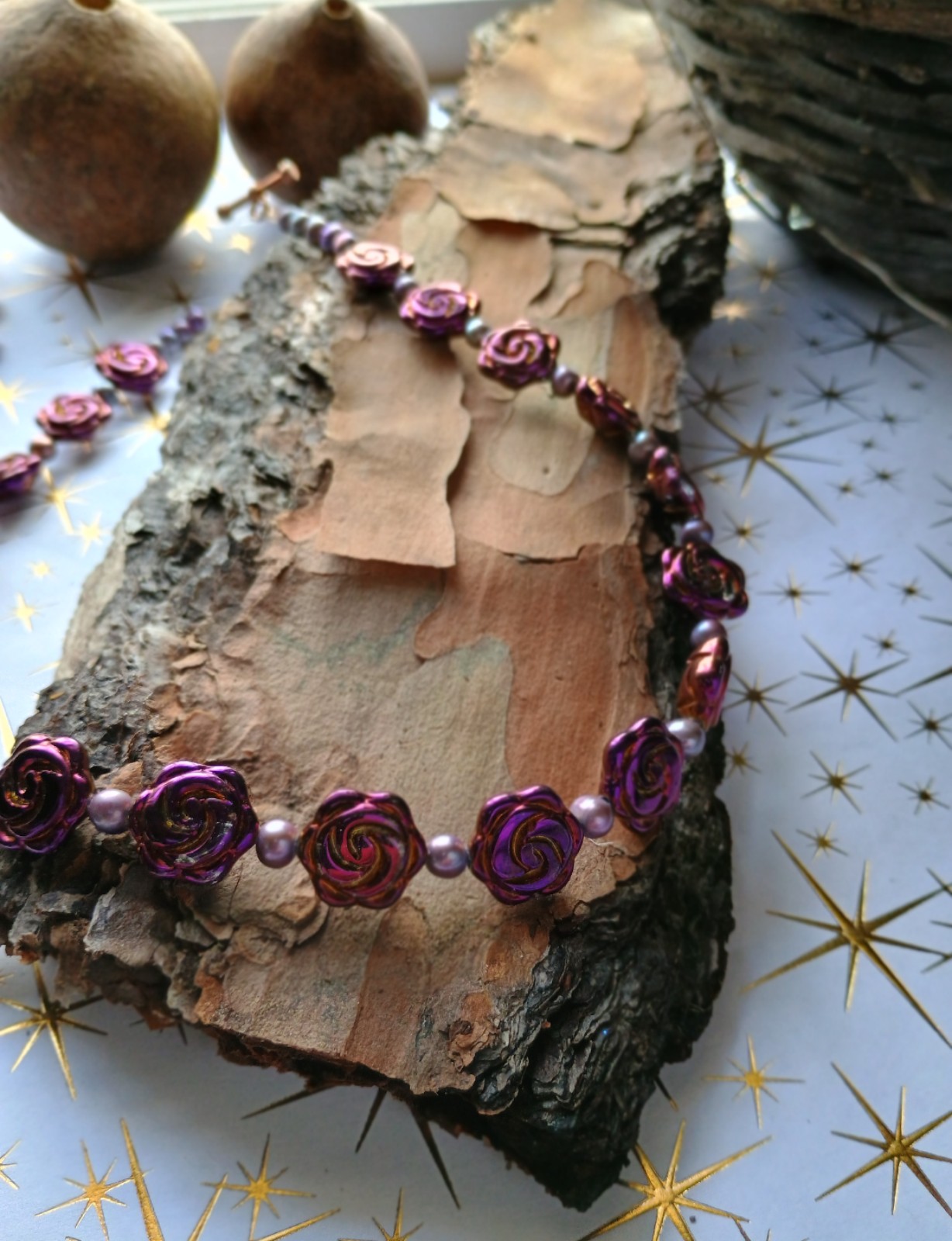 Magenta gold glass rose and freshwater pearl necklace & bracelet, romantasy, Y2K