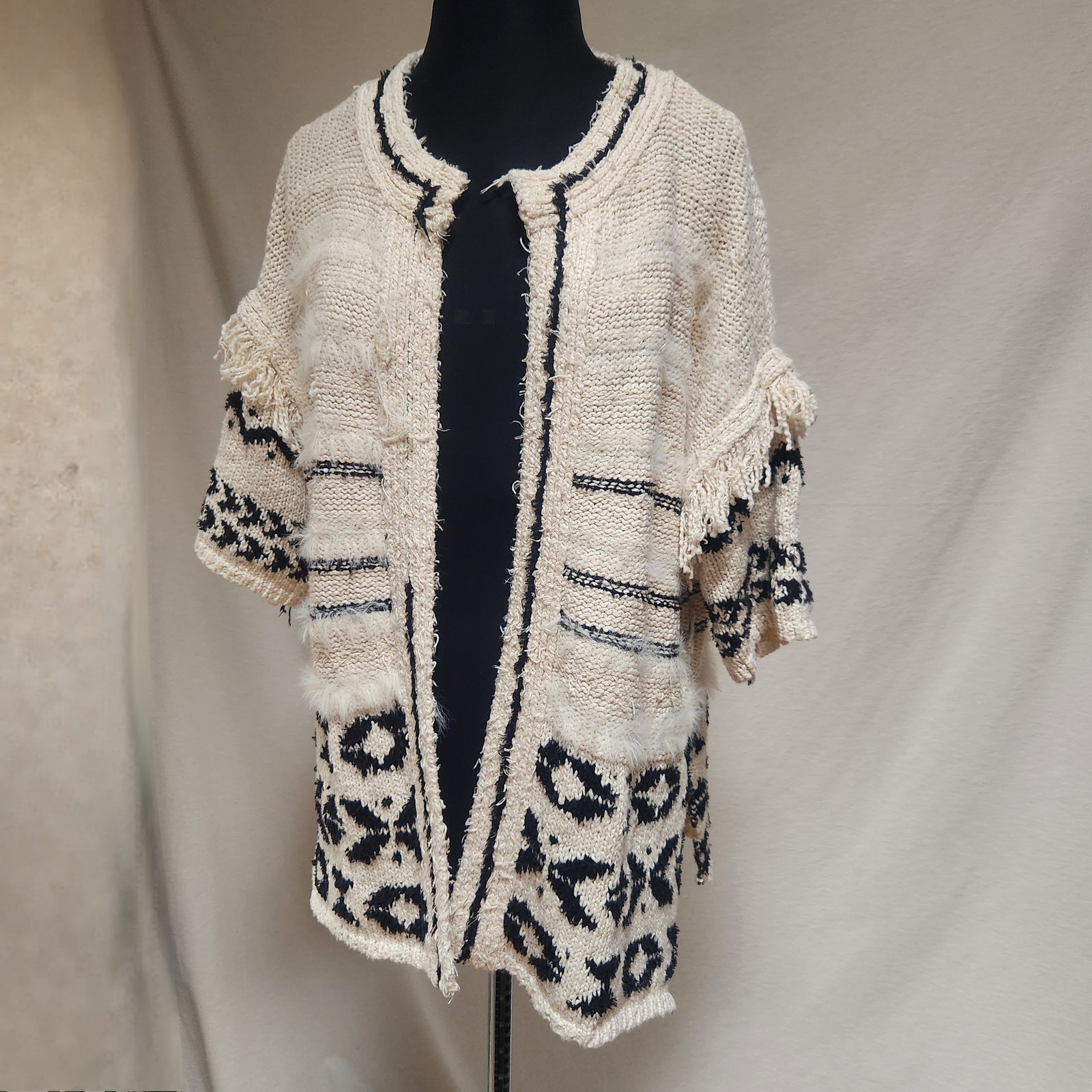 Blue B Collection Small Cream/Black BoHo Cotton Sweater Jacket Fringe Accents