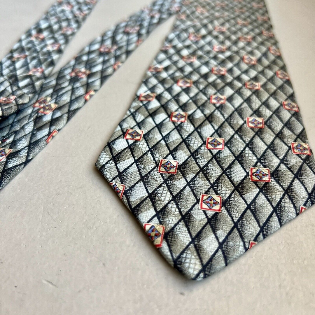 Brioni Gray & Black Diamonds & Red Squares 100% Silk Designer Men’s Tie Necktie