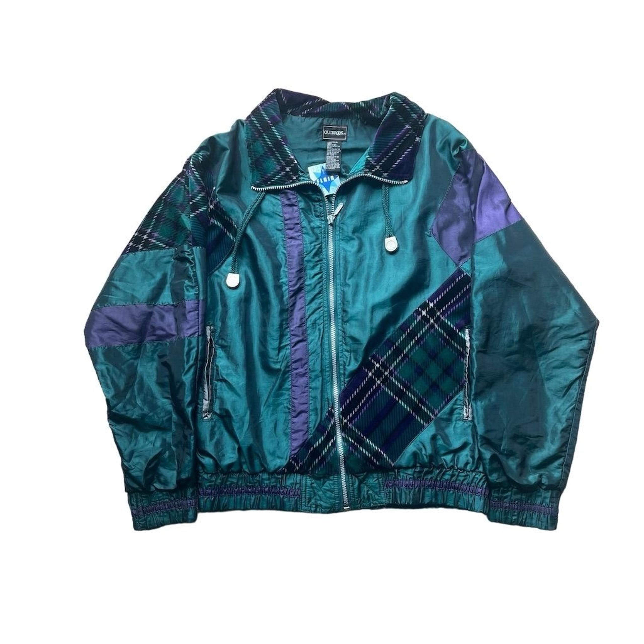 Vintage 90s Outbrook Plaid Track Jacket Unisex Size L Green Windbreaker