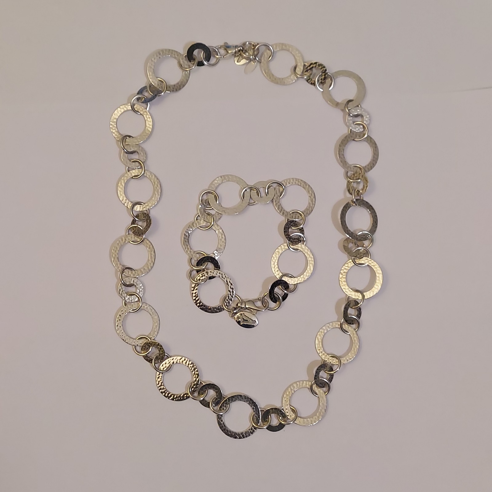 OTC 925 Sterling Silver Hammered Link Necklace & Bracelet Set - Made in Italy