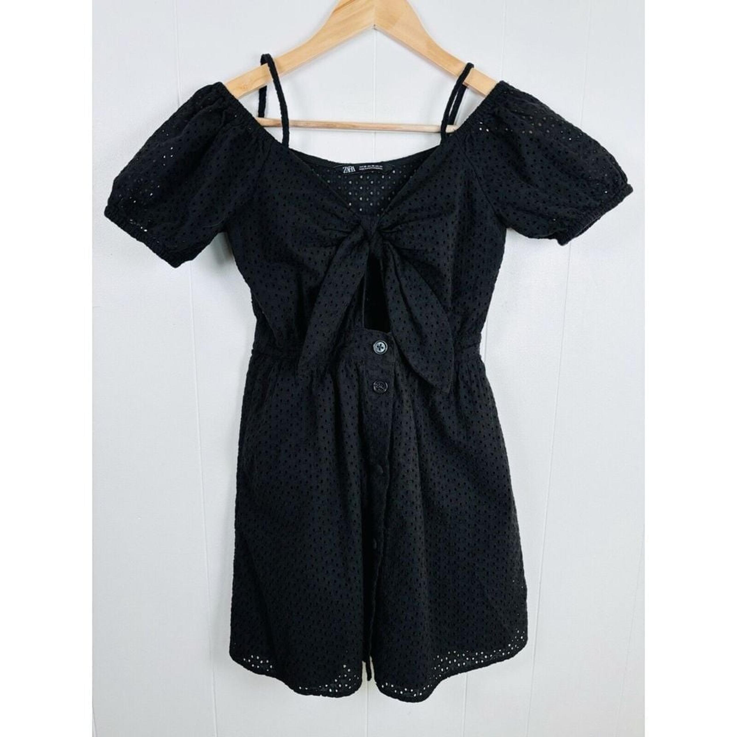 ZARA Black Eyelet Mini Dress Embroidered Tie Front Women's Size XS