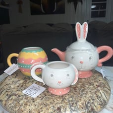 Johanna Parker • Rabbit Tea • Pink/White • Pitcher & 2 Tea Cup • New