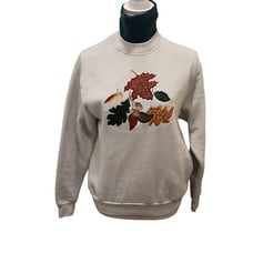 Gopher Sport Women's White Autum Leaves Embroidery Crew Neck Sweatshirt Medium