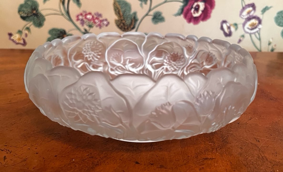 Vintage Fenton UV Reactive Satin Frosted Water Lily Embossed Large Glass Bowl