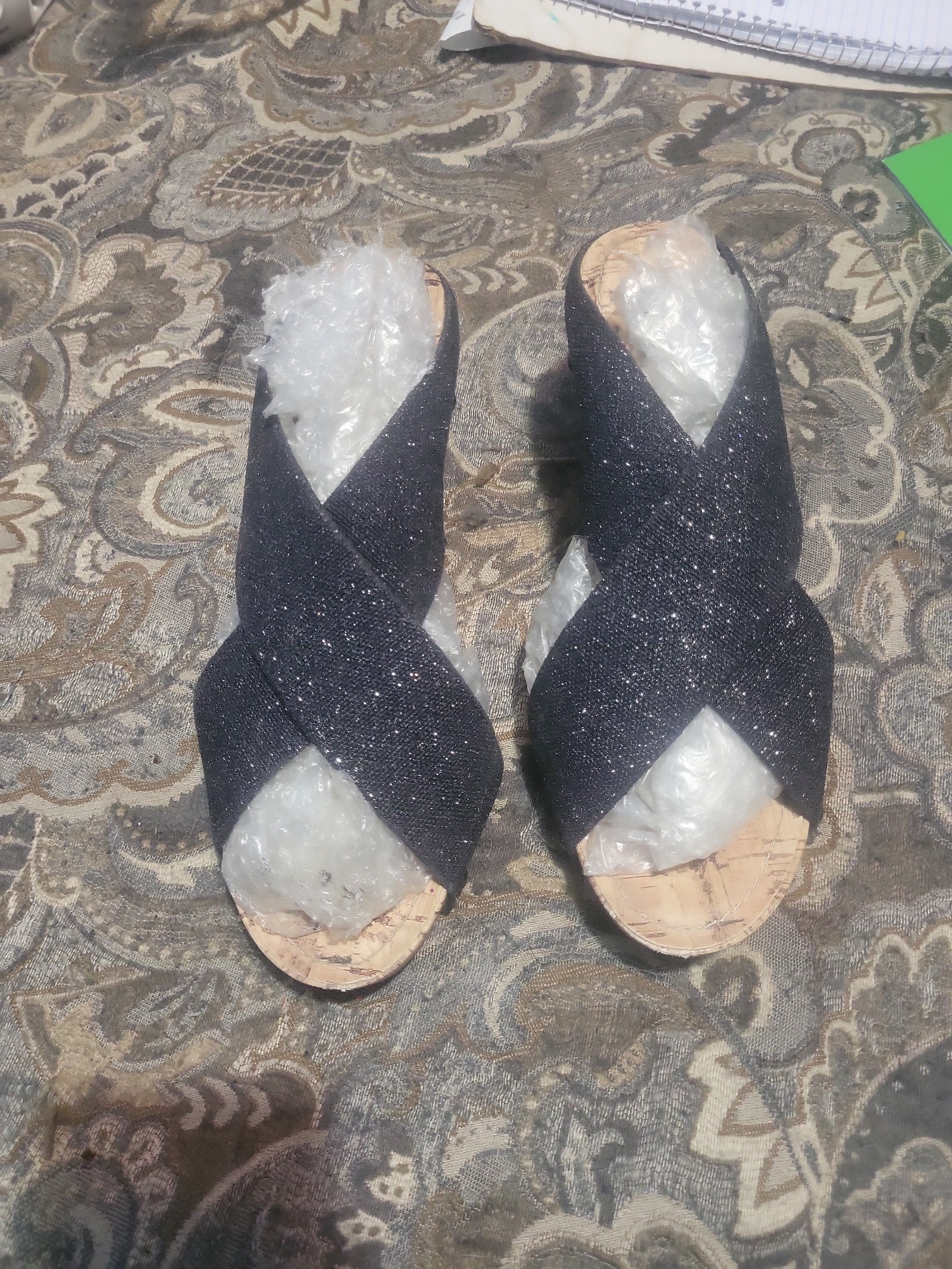 Super sparkly black ESPRIT cork wedge heel with criss-cross elastic band.