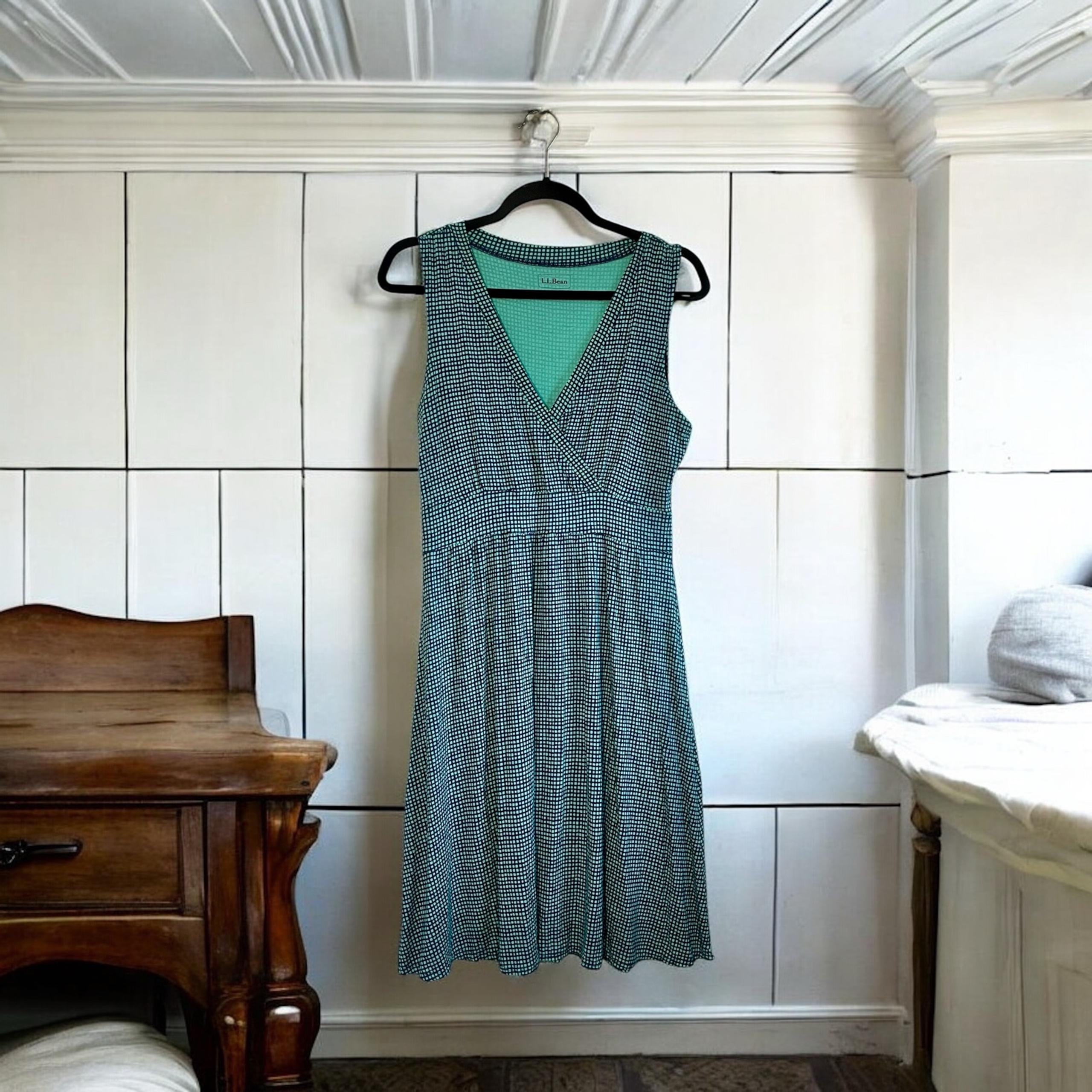 L.L. Bean Women’s M Blue Green Dress Faux Wrap Midi Empire Waist