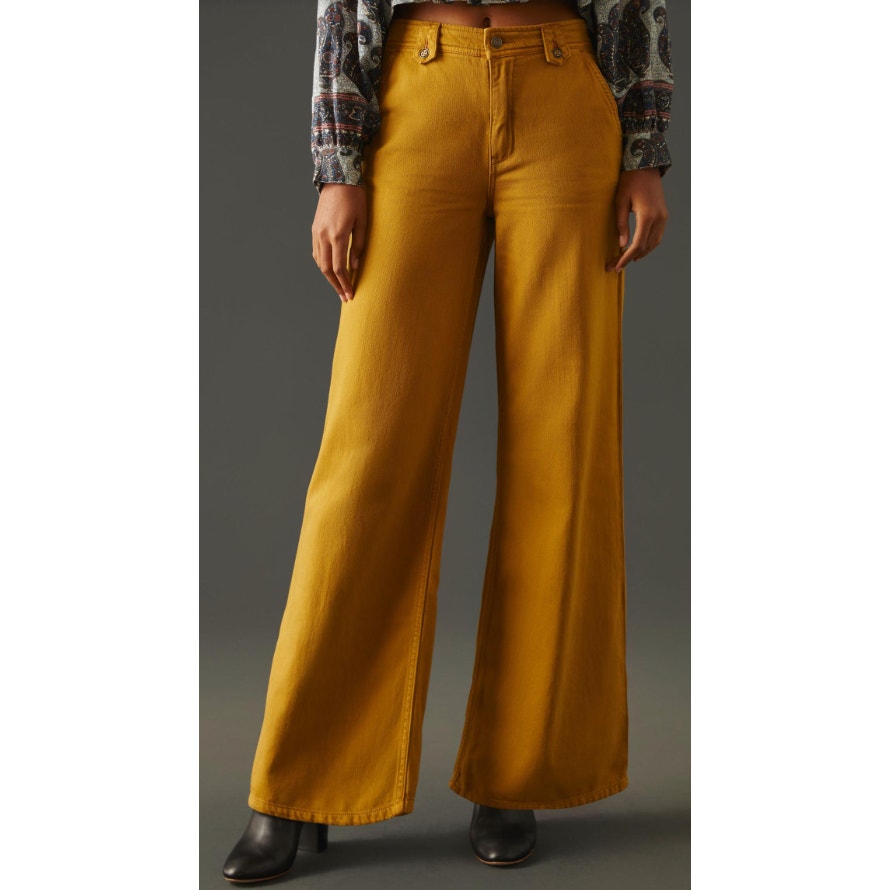 Pilcro By Anthropologie Womens Yellow Low-Rise Column Flared Pants Size 28