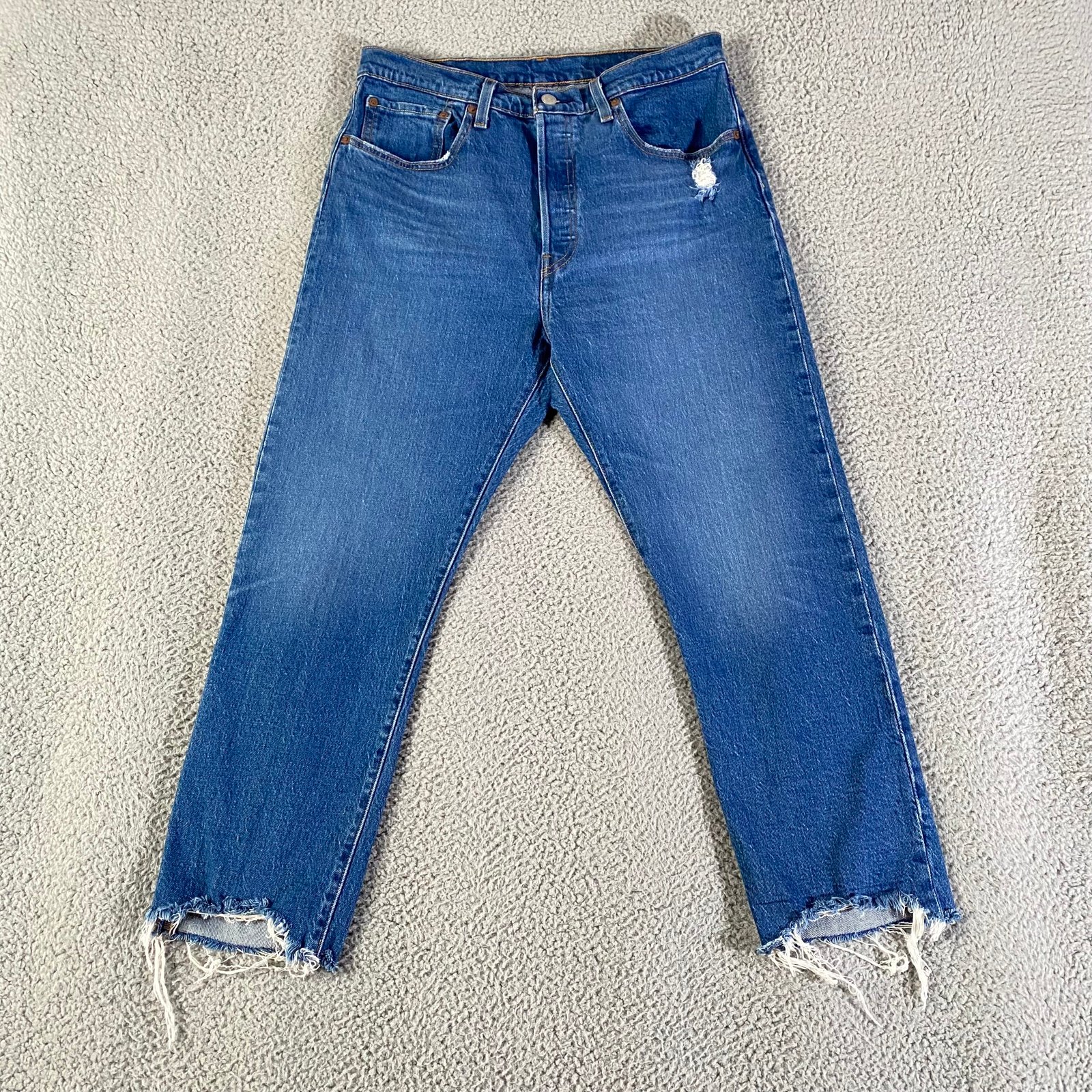 Levis Premium 501 Jeans Womens 31 x 25 Blue Big E Straight High Raw Hem Button