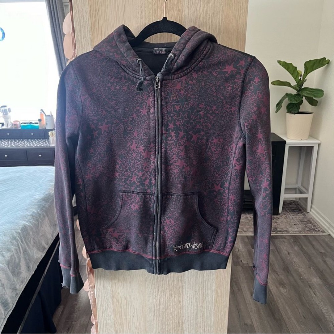Volcom Black and Pink Hooded Jacket with Stars Y2K S