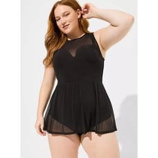Torrid Underwire Long Mesh Overlay Swim Dress Black Womens Sz 3X-DD/F One Piece