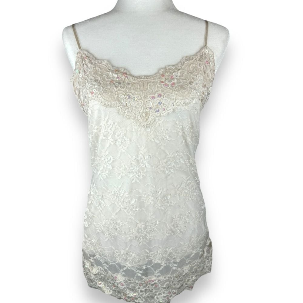 Vintage Y2K Lace Cami Size Large Sequin Ethereal Fairy Angelcore Coquette Bridal