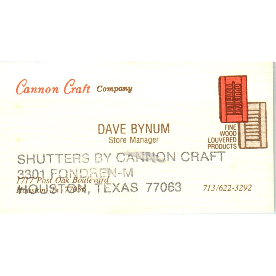 Dave Bynum Cannon Craft Co Houston TX Vintage Business Card SD8-B3