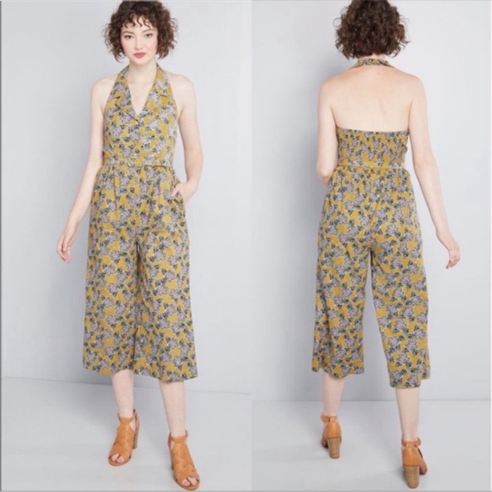 MODCLOTH Yellow Floral Genuine Genius Halter Wide Leg V Neck Smocked Jumpsuit