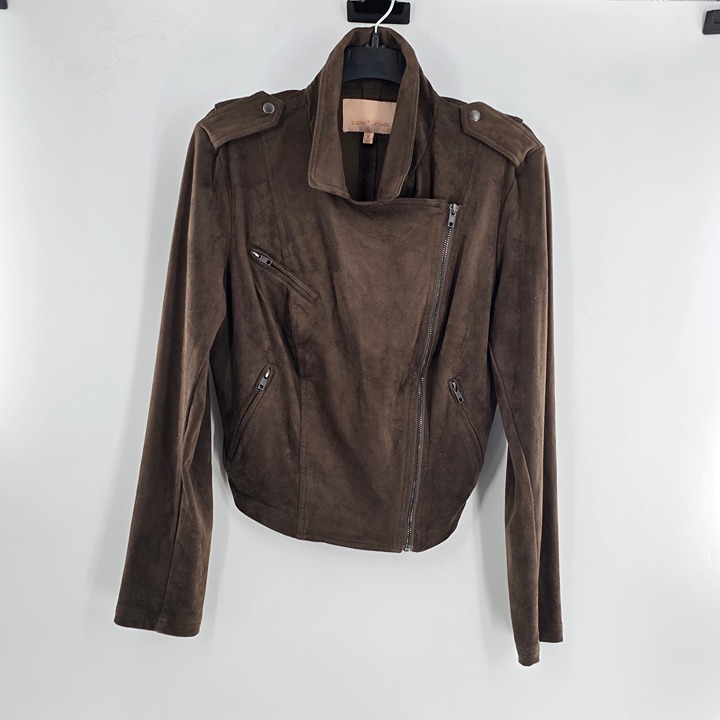Gibson Latimer Olive Brown Buttery Soft Faux Suede Moto Jacket Asymmetric Medium