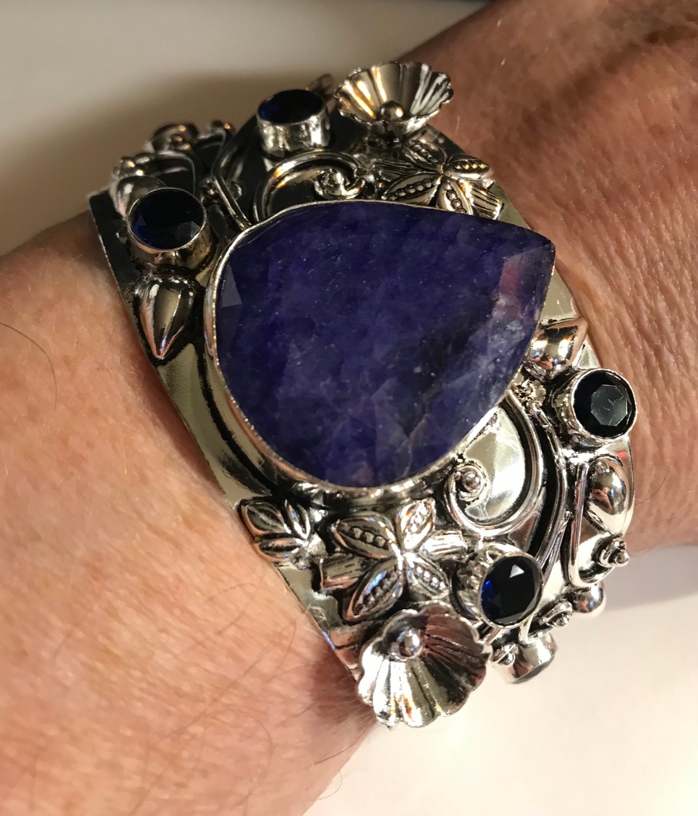 Burmese Blue Sapphire 925 Sterling Silver Cuff Bracelet