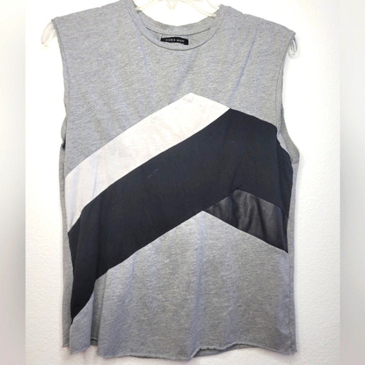 Zara S Tank Top White & Gray Cotton With Black Faux Leather Stripe Small