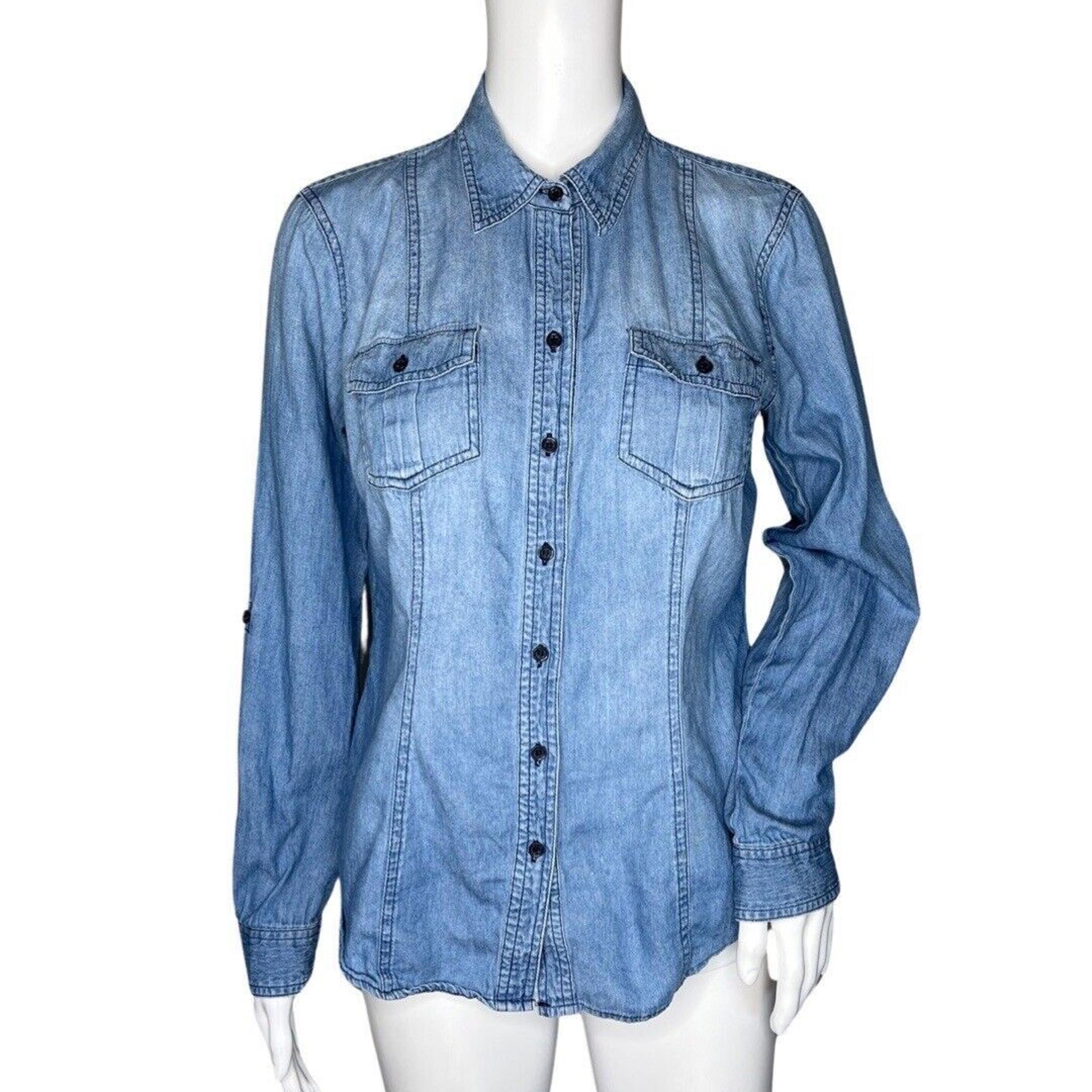 Sandra Ingrish Shirt Womens Medium Blue Denim Fitted Button Up Western Casual