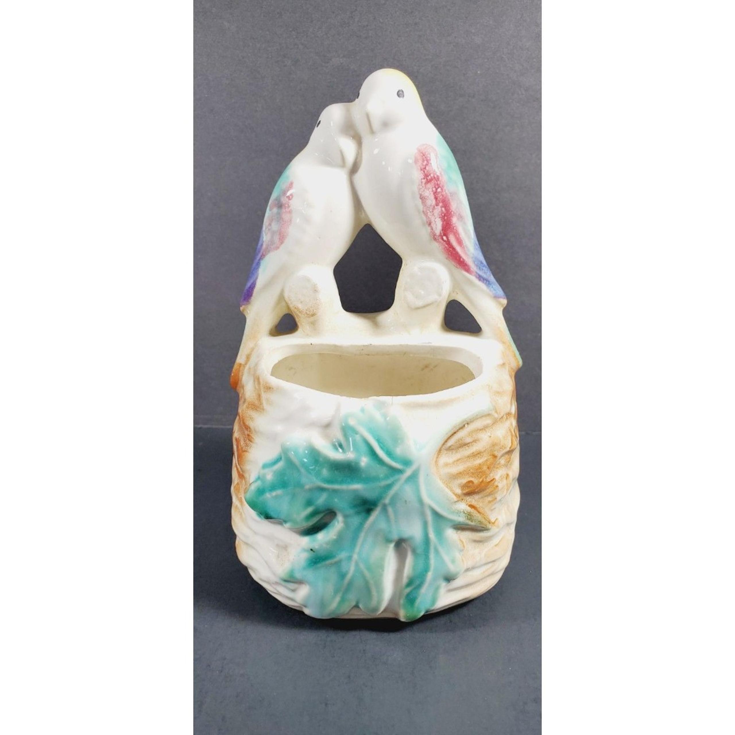 Vtg 1950s Morton Pottery Love Birds Wall Pocket Parakeets Ivy Glaze 6.5" Planter