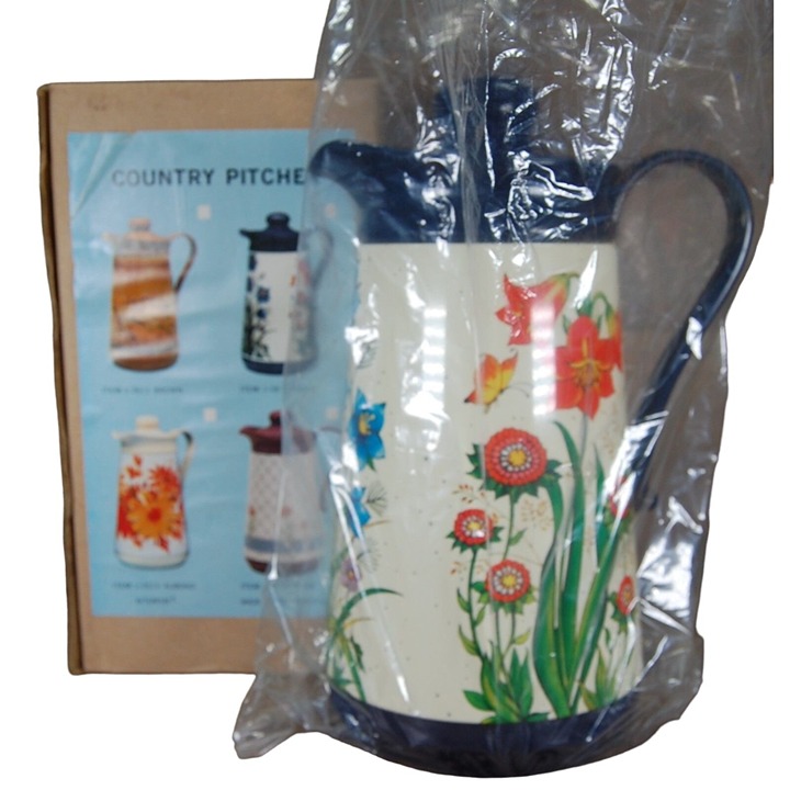 NEW VTG Interpur 1970s Navy Floral Country PITCHER Carafe RETRO Insulated w/ Box