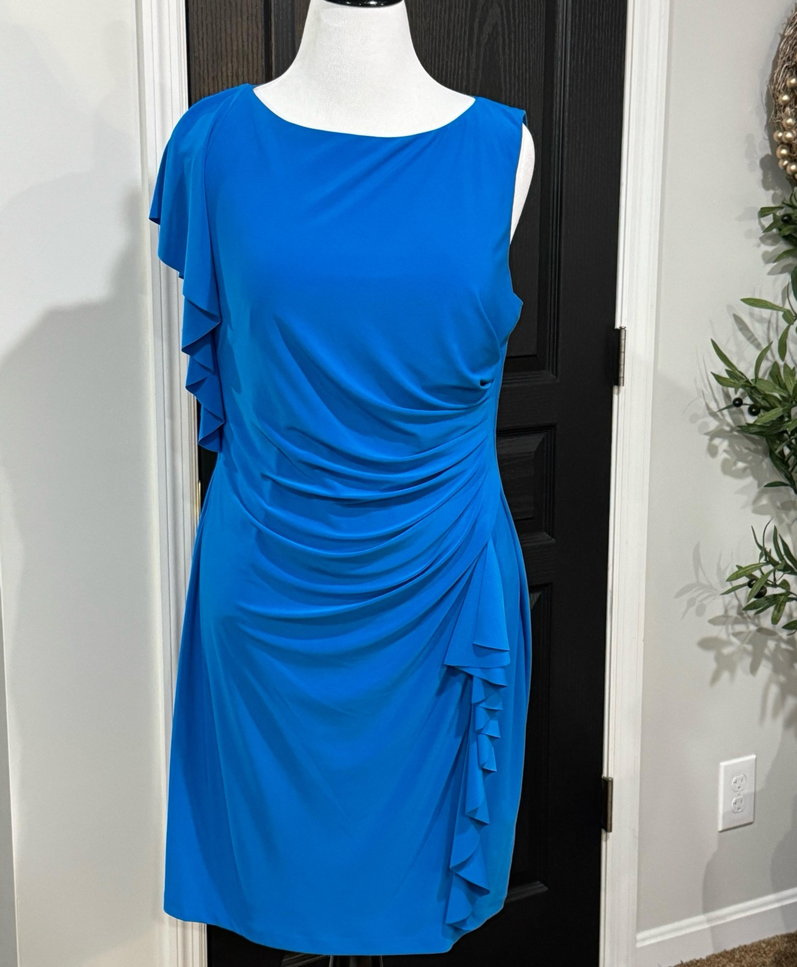 American Living bright blue asymmetrical ruffle midi dress 16