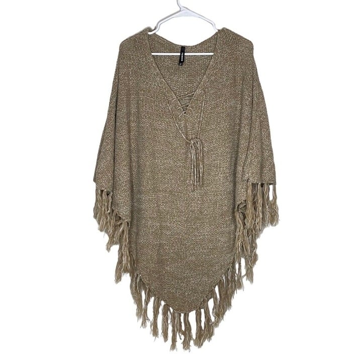 Torrid Knit Tam Poncho Fringe Boho Tan Festival Warm Size M/L Long