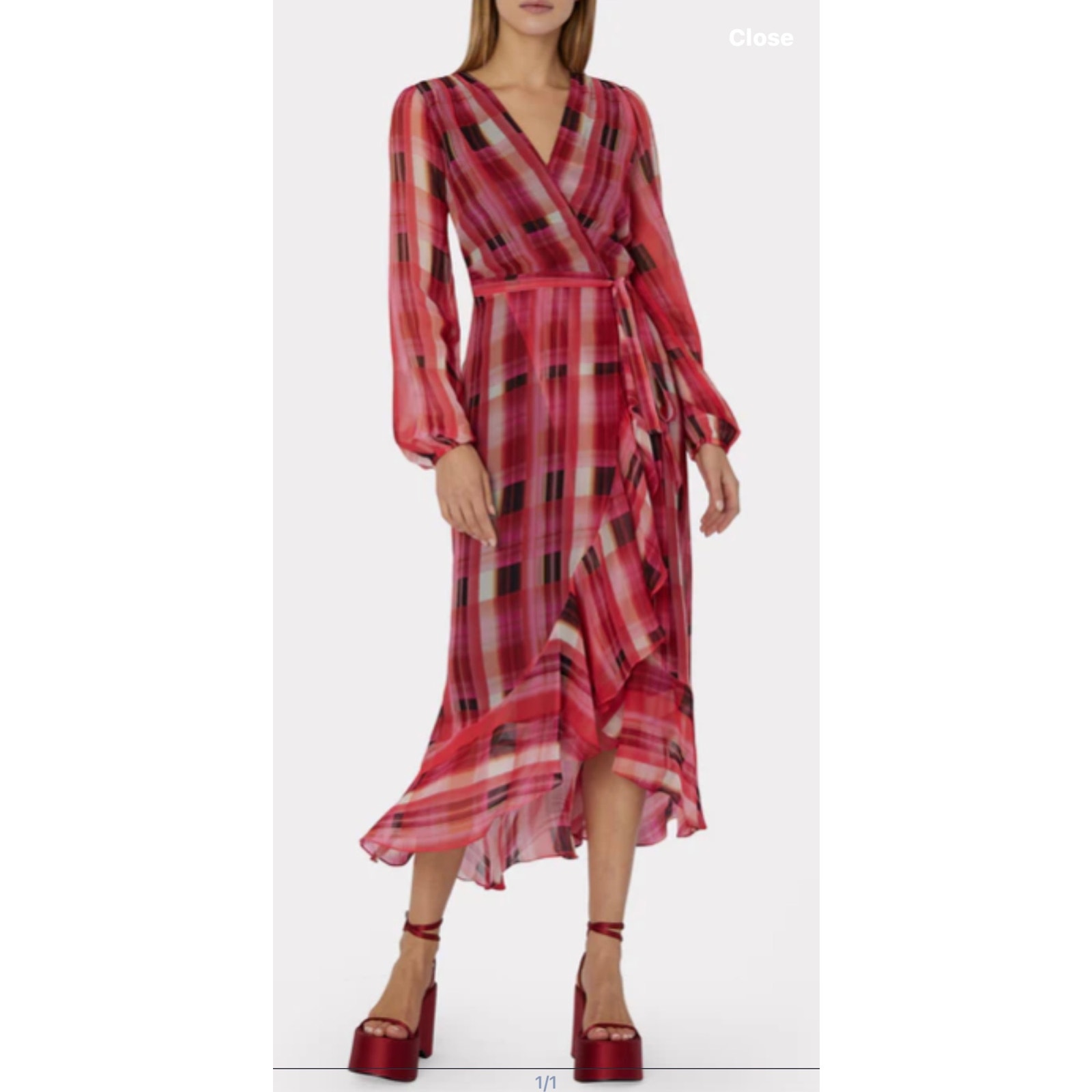 Milly Plaid Ruffle Belted Halley Prep Midi Dress Long Sleeve Pink Size 4 NWOT