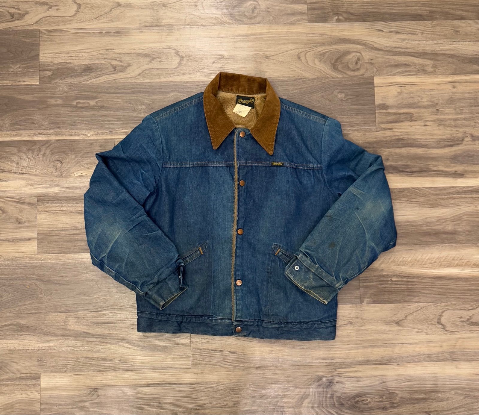 Vintage Wrangler Denim Jacket Mens Trucker Sherpa 70s Corduroy Collar