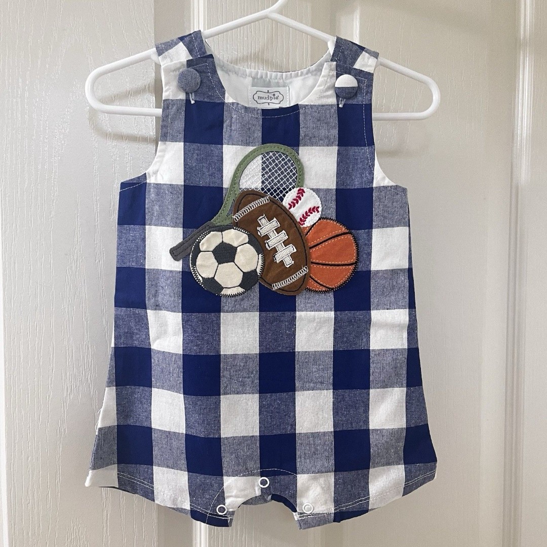 Mud Pie Sports Applique Jon Jon Romper Blue Gingham Boys Size 3-6 Months NWT