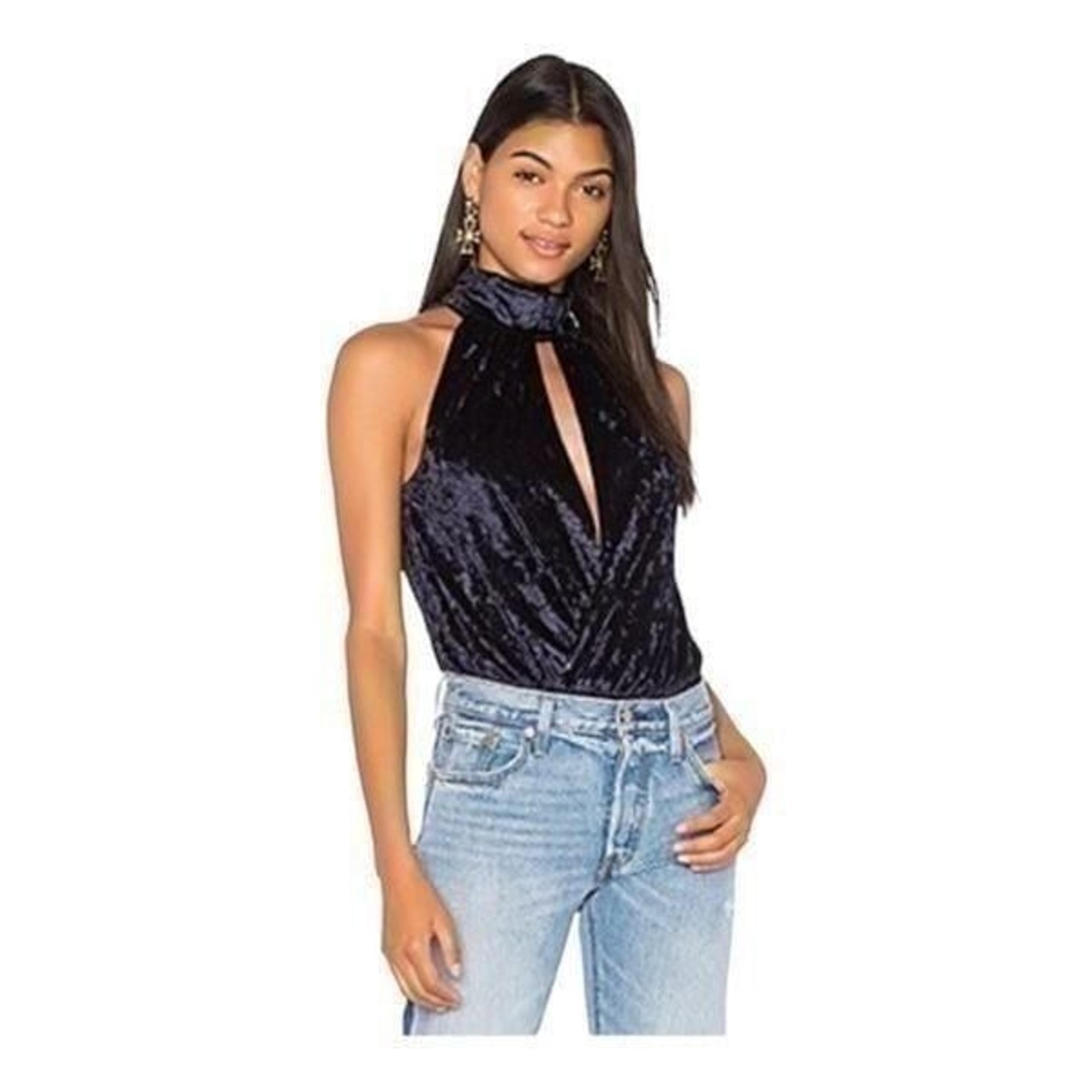 Central Park West x Revolve Blue Ocean Drive Velvet Keyhole Bodysuit SZ S BNWT