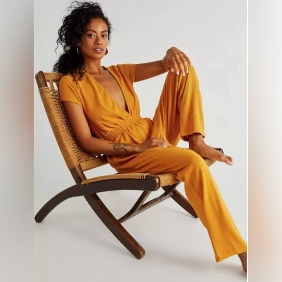 Free People Beach Rita One-Piece Terry Cloth Jumpsuit in Golden Yellow Size XL