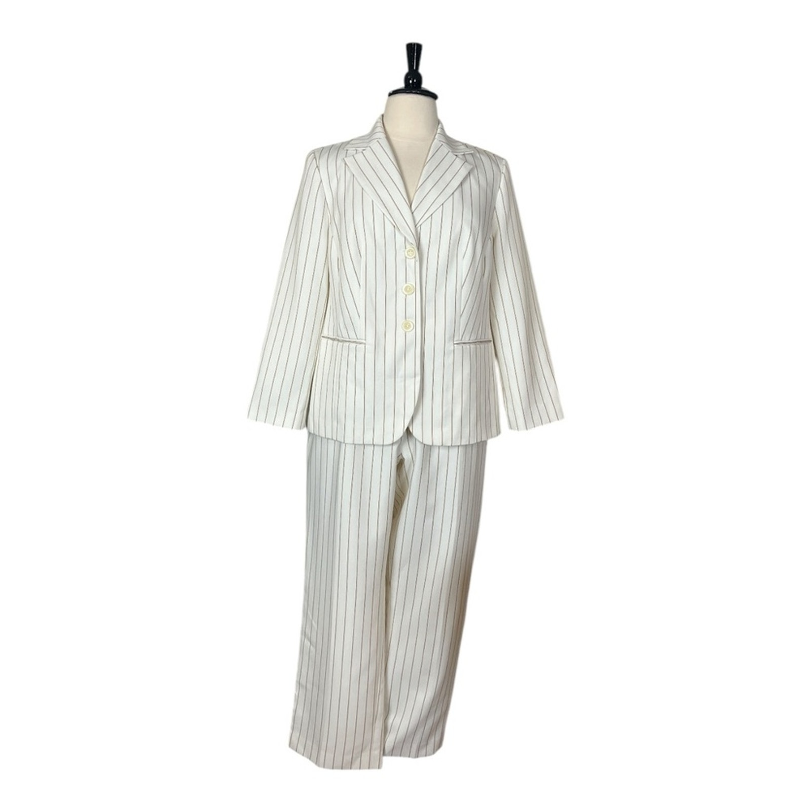 Larry Levine Vintage Pant Suit Blazer Wide Leg Trousers Cream Stripe Size 18W