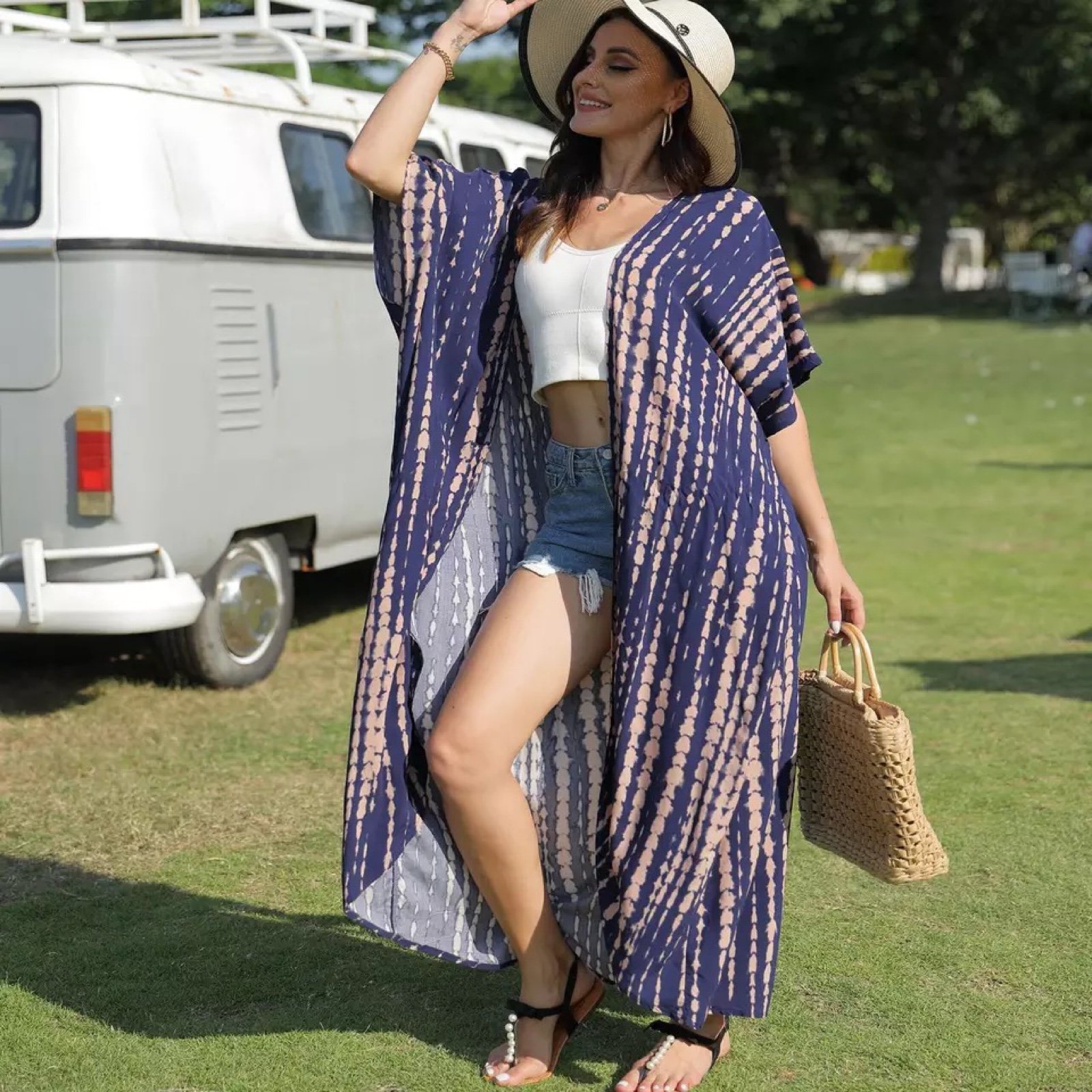 Indigo Blue and Pink Abstract Striped Kimono Duster Beach Coverup