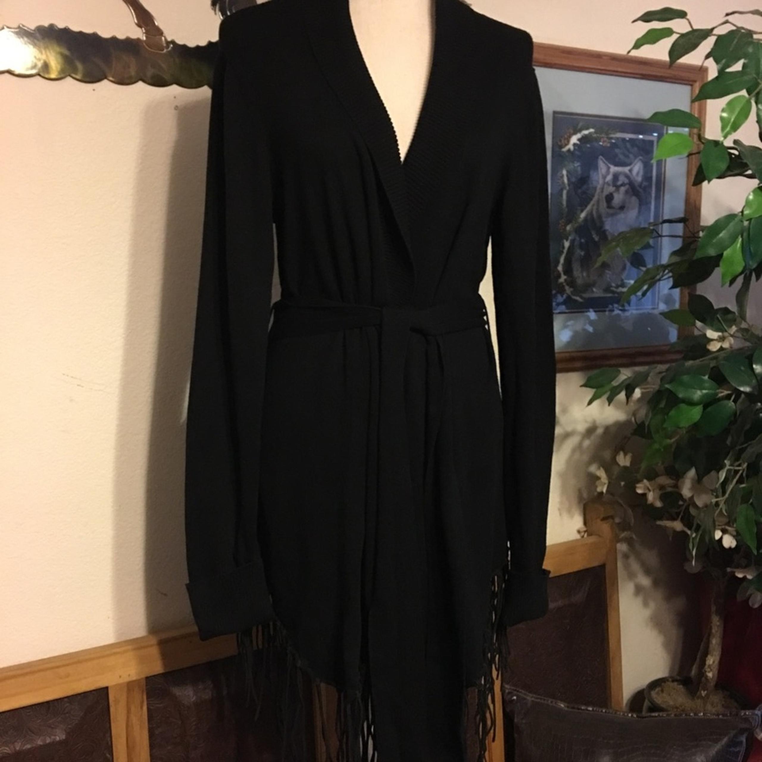 RXB black belted long jacket with fringe hem