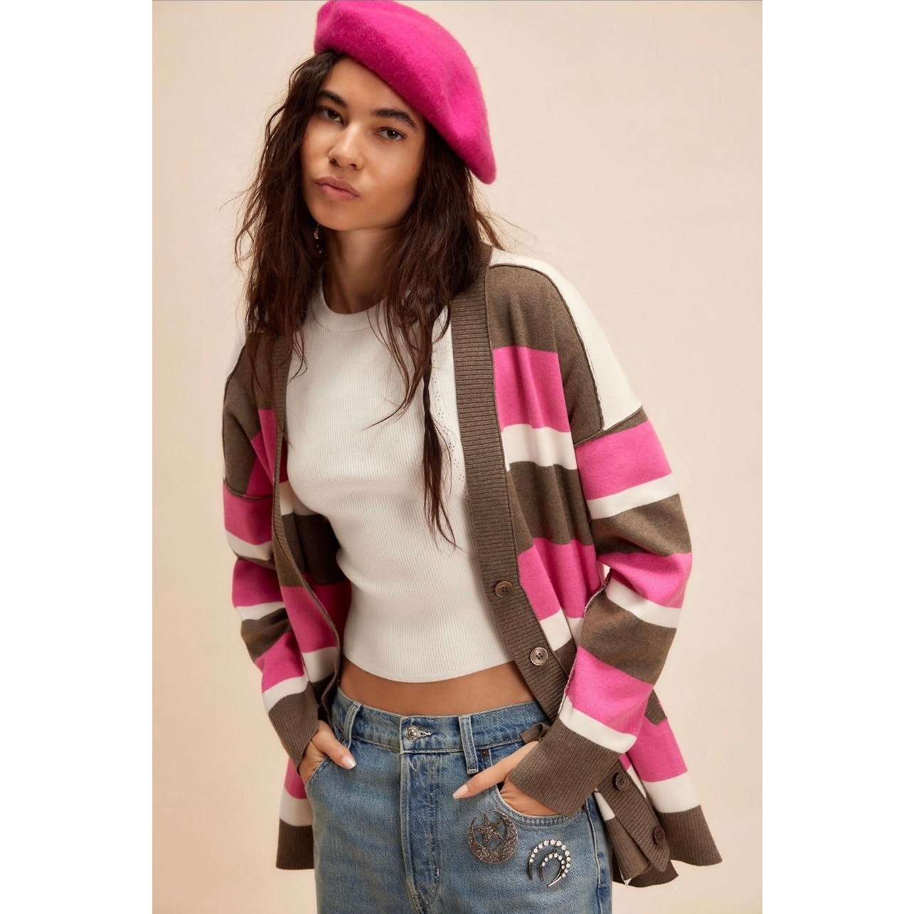 Free People NWT League of Her Own Pink & Brown Striped Cardigan Size XS