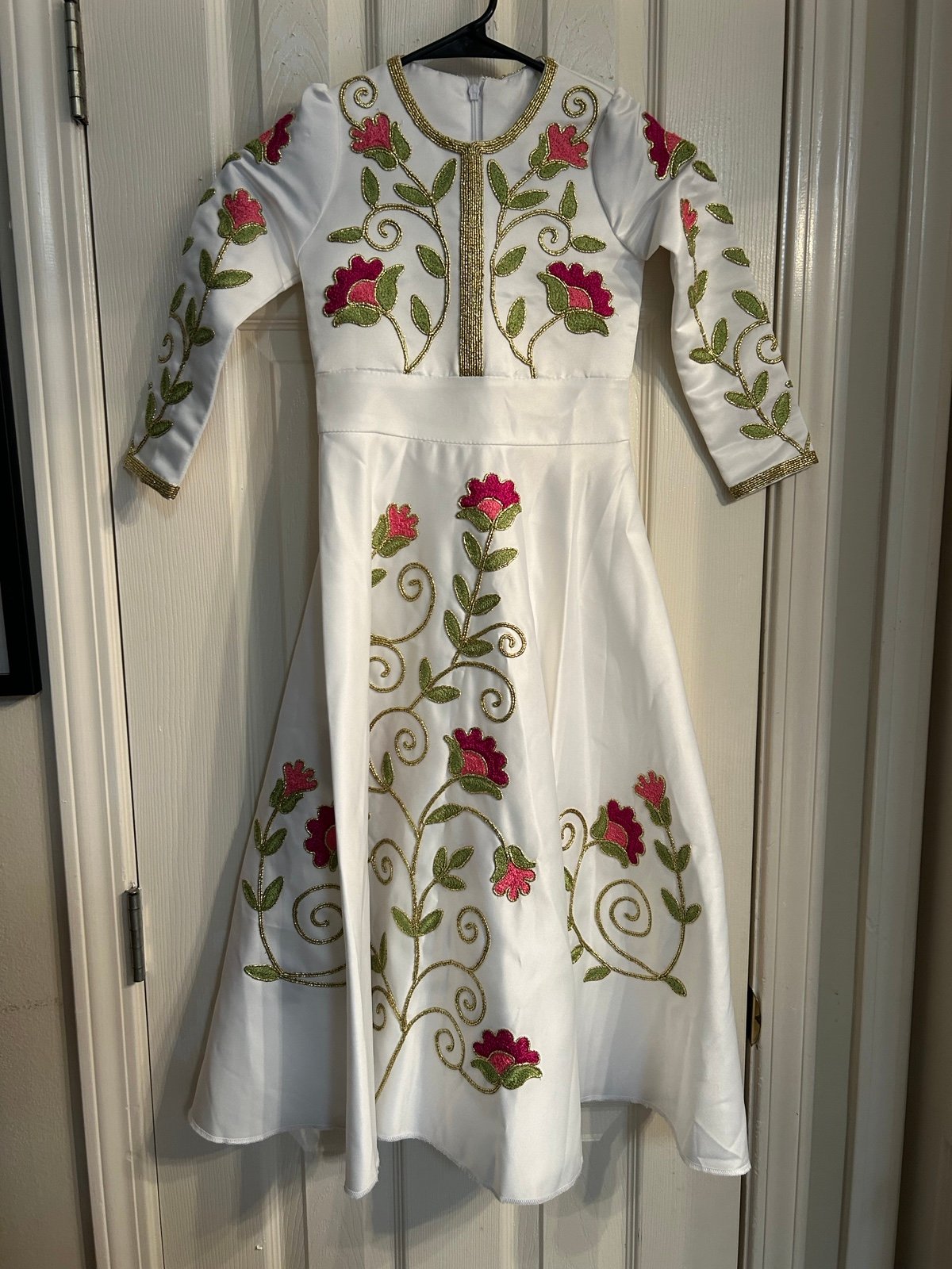 Girls Handmade Satin Embroidered Dress Size 8