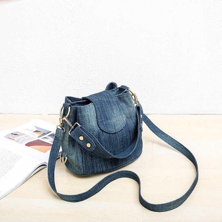 Casual Denim Bucket Shoulder Handbag Women Crossbody Bags Tote Canvas Purse Bag