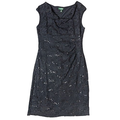 Lauren Ralph Lauren Black Sequin Formal Cocktail Knee Length Dress Women's 16