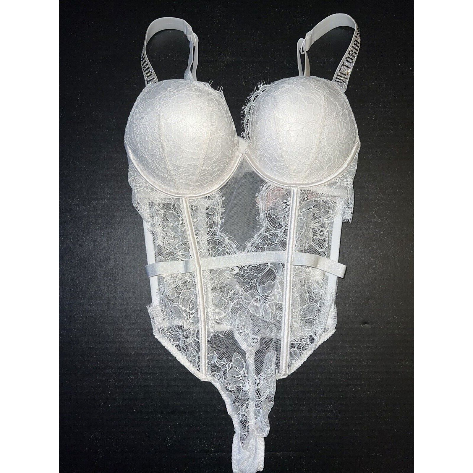 Victoria's Secret 34C 34D 36B M BOMBSHELL TEDDY coconut WHITE lace SHINE STRAP