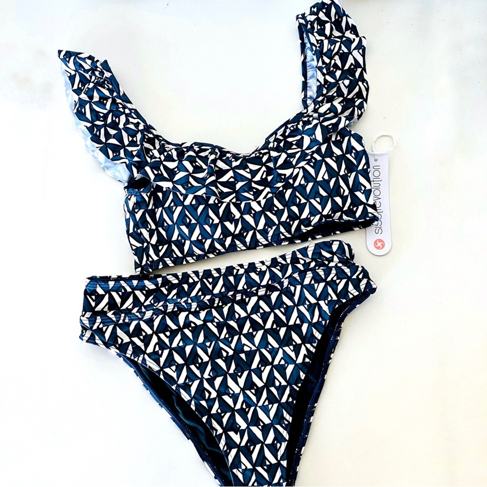 NEW SISSTREVOLUTION ANTHROPOLOGIE Black White Navy Ruffle Top High Rise Bikini S