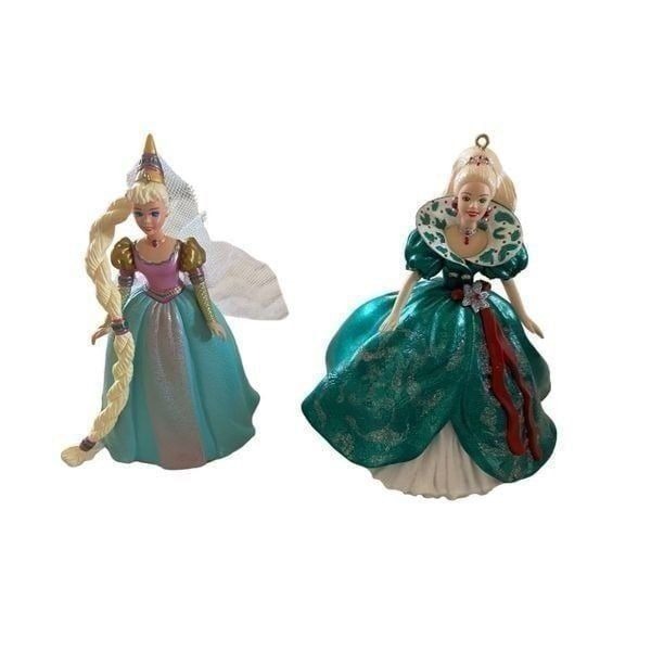 Set of 2 Barbie 2002 Rapunzel Barbie Holiday Ornament Mini Collectible Dolls Dec