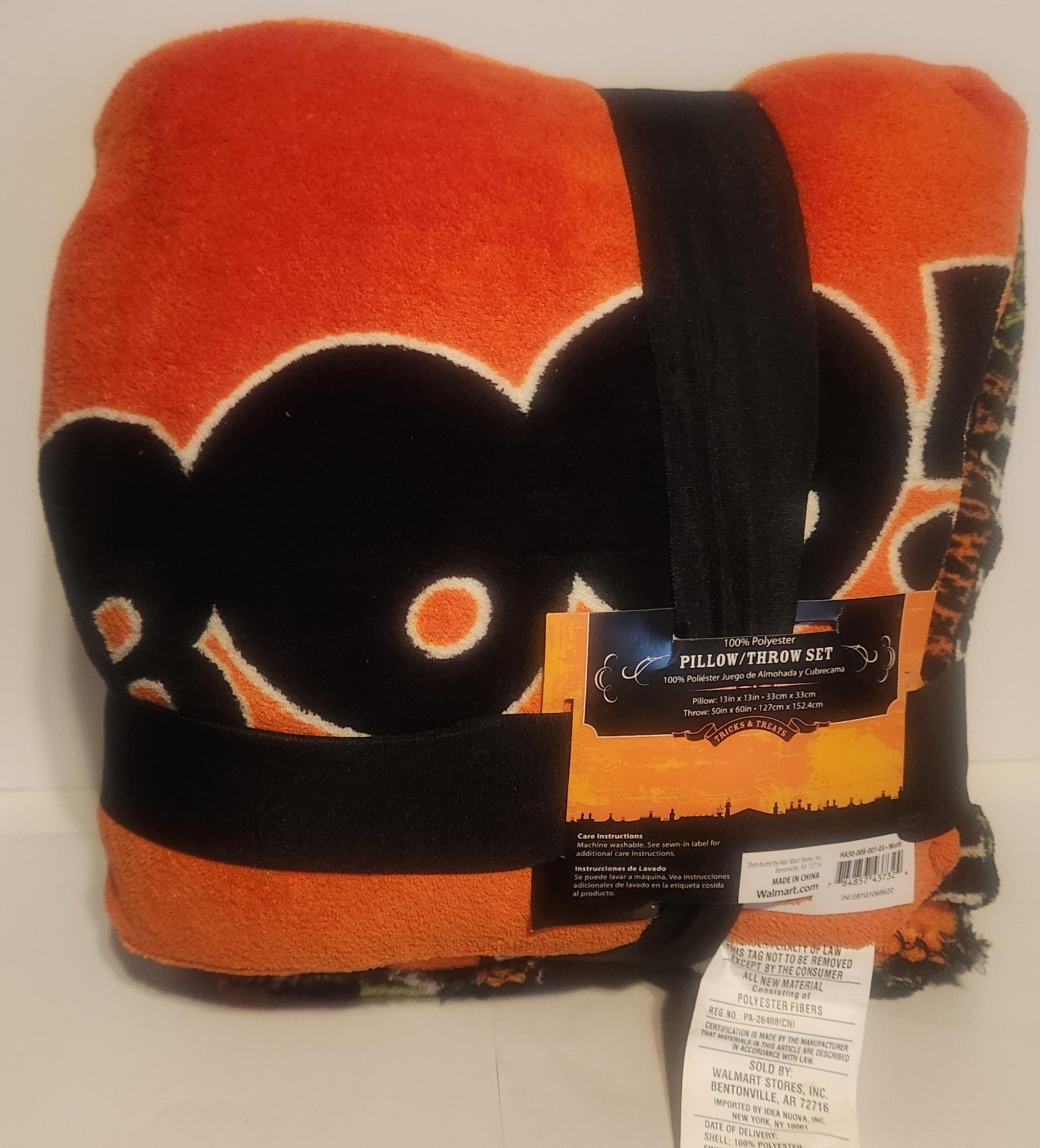 Happy Halloween BOO! Pillow 13x13" & Throw Blanket 50x60" Plush New But Old Set