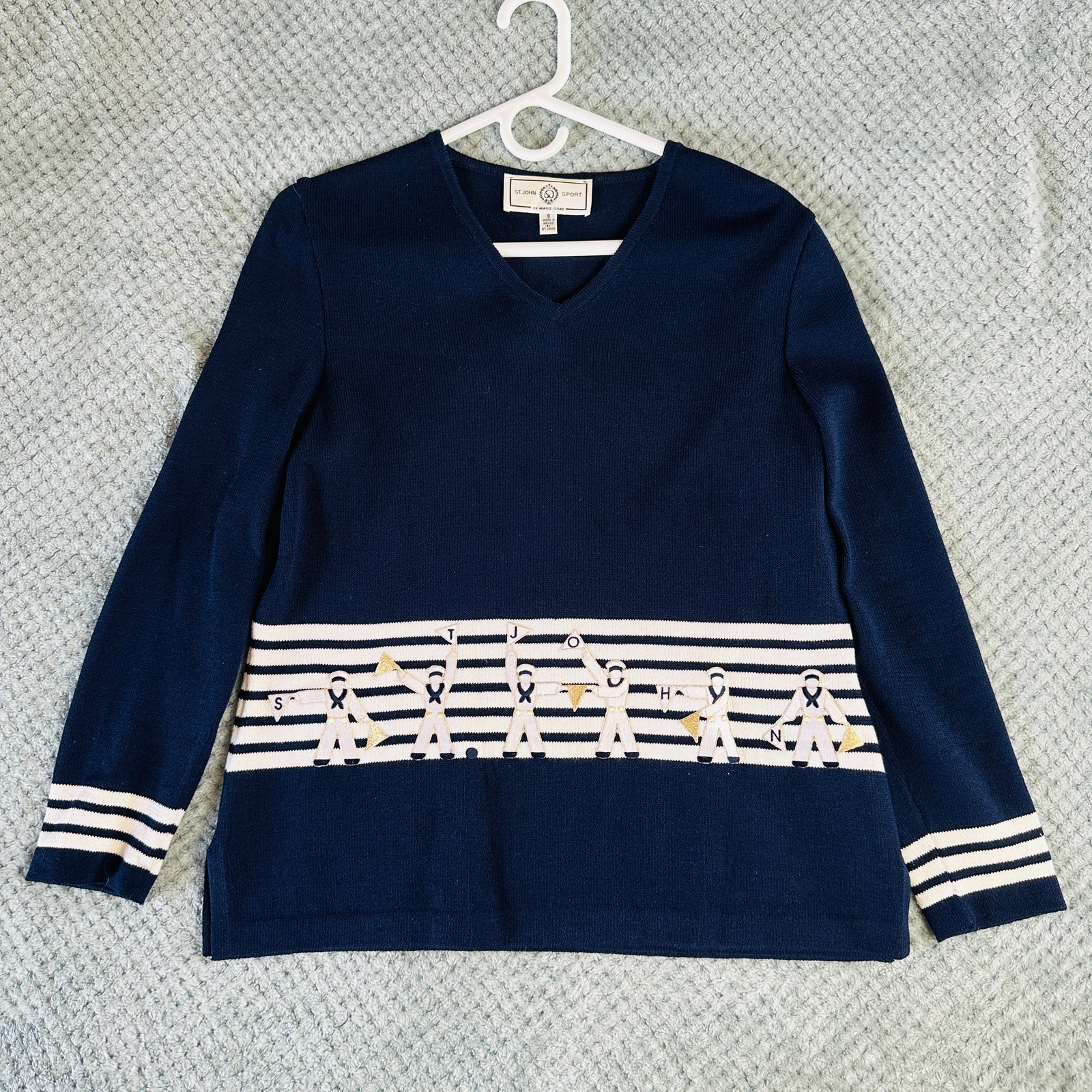 ST JOHN SPORT NAVY BLEND NAUTICAL SAILOR CHARACTER NAVY WHITE SWEATER RARE S